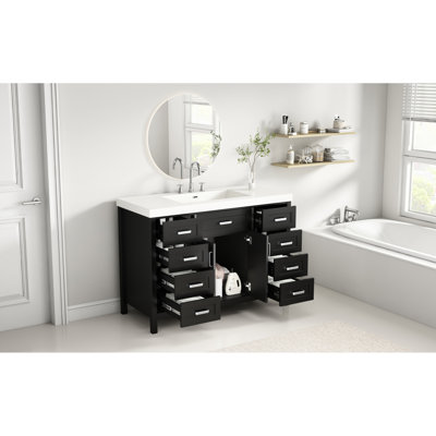 Meuble-lavabo de salle de bain noir de 122 cm (48 po), lavabo inclus, 2 portes à fermeture amortie, 8 tiroirs, structure en pin, comptoir en résine, poignées en aluminium, dispositif antibasculement, pieds réglables pour les dimensions moyennes et grandes, construction robuste.