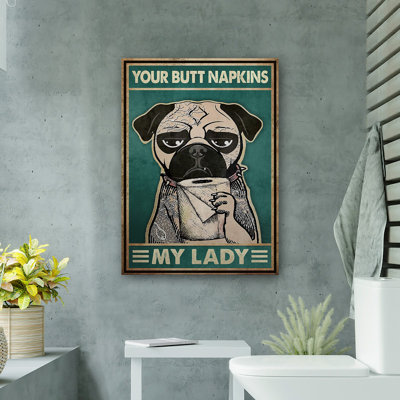 «Cool Pug Dog» - «Your Napkins, My Lady Gallery», toile tendue - décor d'illustrations animales pour salle de bain et buanderie, noir et beige