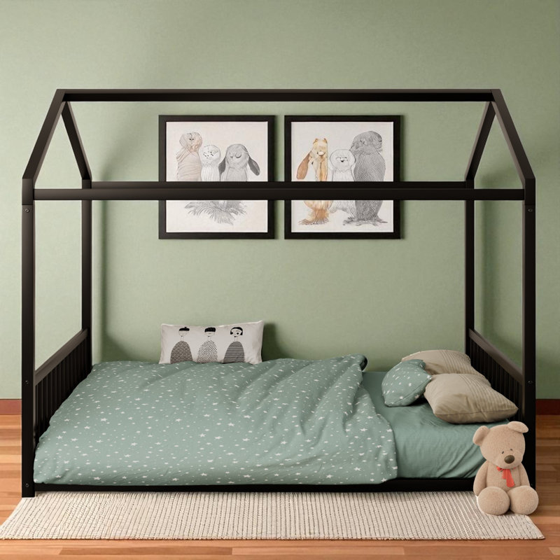 Metal Canopy Bed Floor House Bed, Black, Full