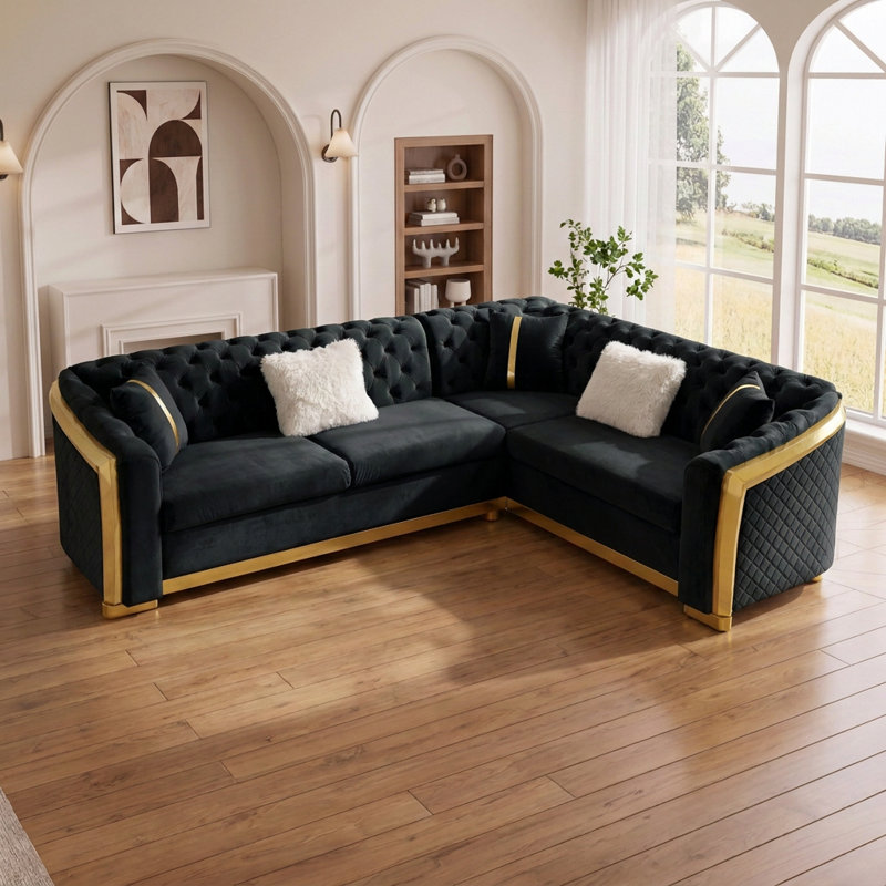 Canapé modulaire en forme de L 106 po Chesterfield avec détails dorés, capitonnage et 5 coussins décoratifs, Black