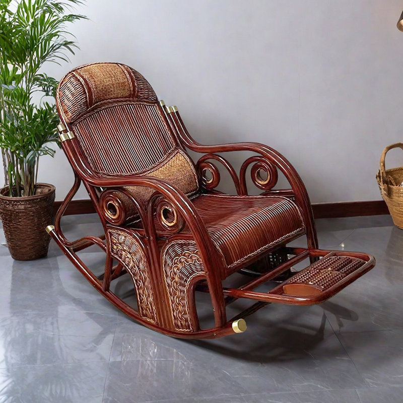 Chaise berçante en rotin avec repose-pieds rétractable, Brun-roux