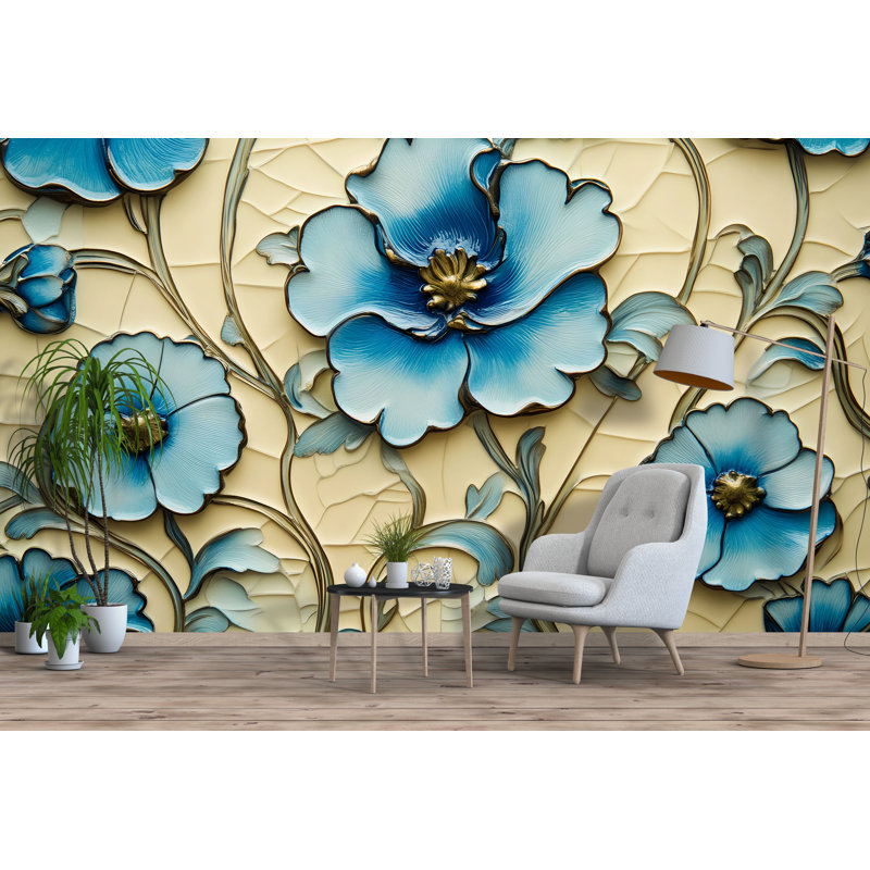 Murale florale bleue - Papier peint botanique à effet 3D pour le salon ou le bureau, L 75 po x l 50 po, Luxury Canvas Texture