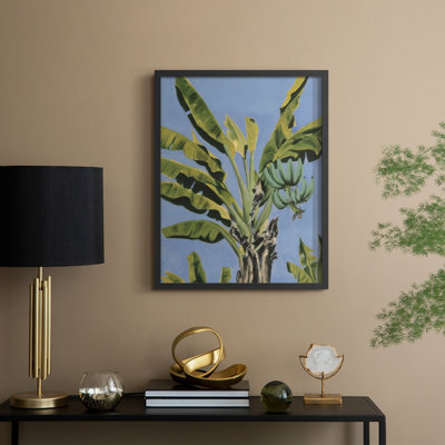 «Banana Leaves on Blue II», reproduction encadrée - bois massif