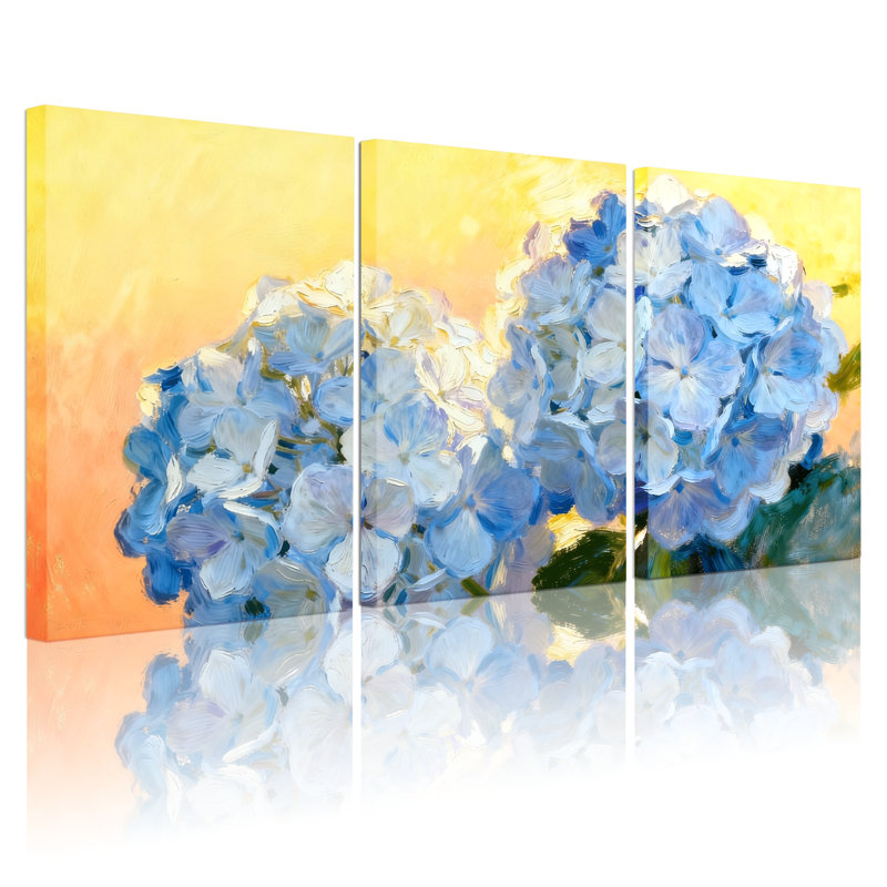 Fleurs d'hortensia sur fond, ensemble de 3 impressions sur toile, H 18 po x l 36 po