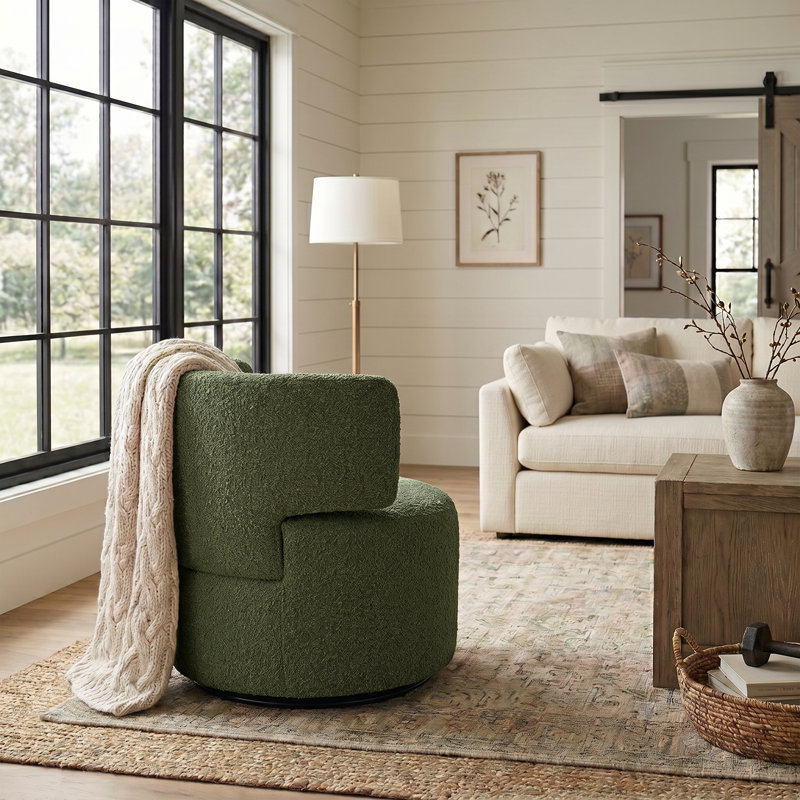 Narissa Swivel Accent Chair with Throw Pillow, Green Teddy