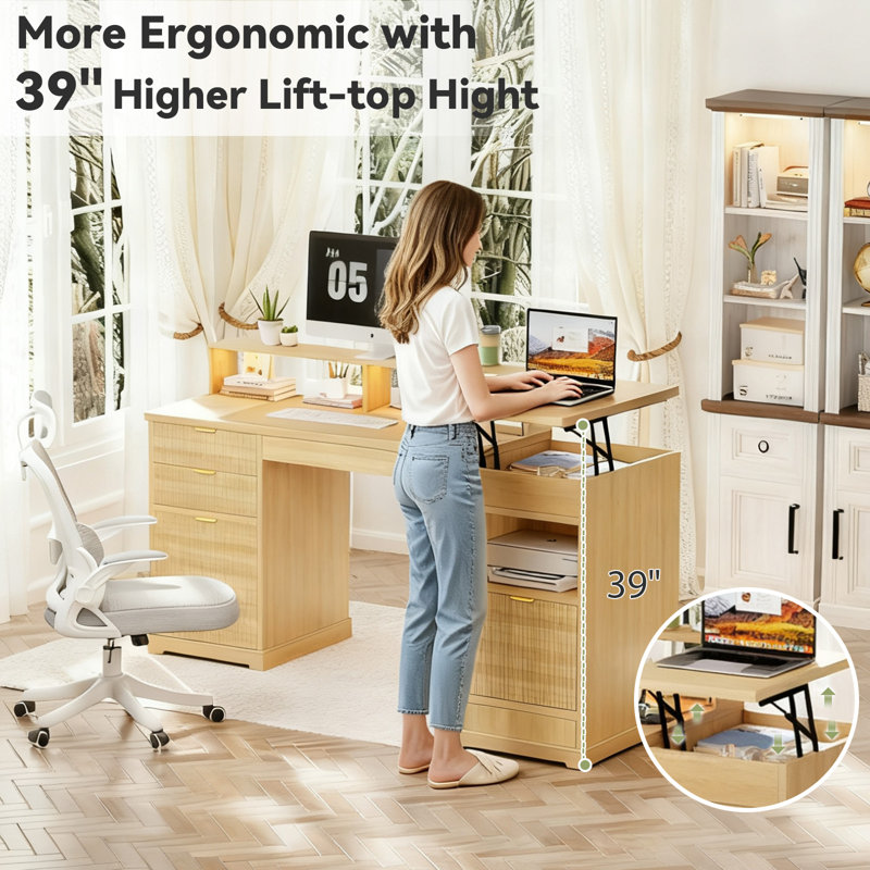 63"W Large Modern Fluted Executive Lift Top Desk with File Storage, Wood Home Office Desk With Charging Station, Computer Desk With 3 Drawers, LED Writing Work Desk With Monitor Stand, Natural, Gift