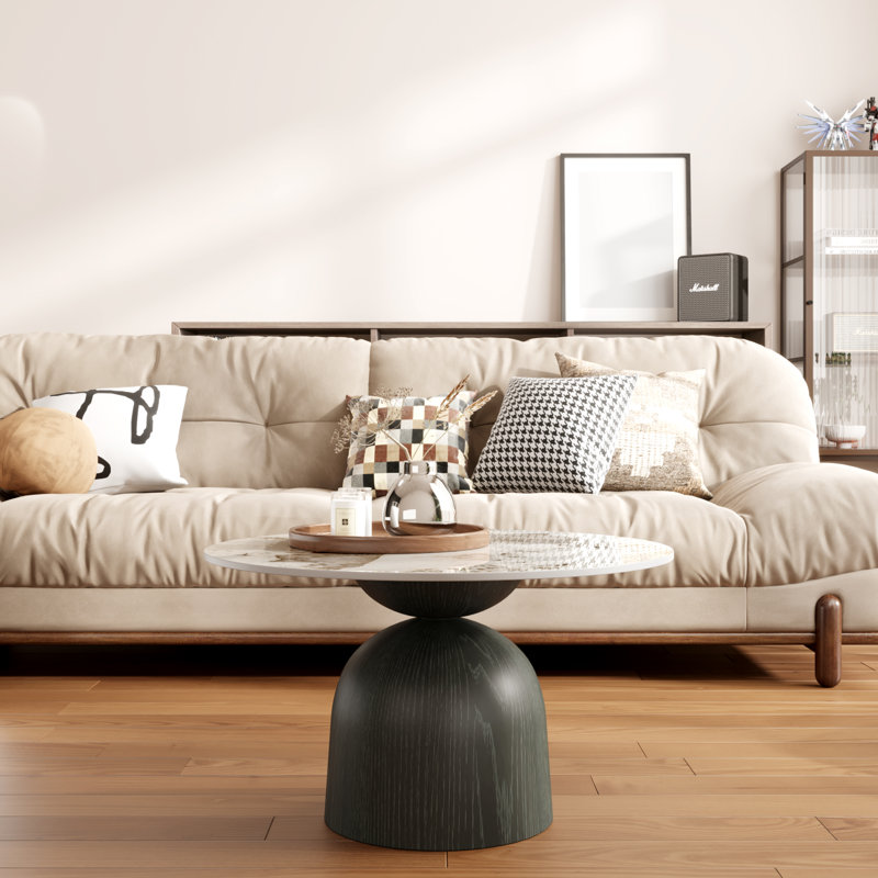 Modern Round Coffee Table with Faux Marble Tabletop and Pedestal Solid Wood, Cocktail Table for Living room & Home Decor