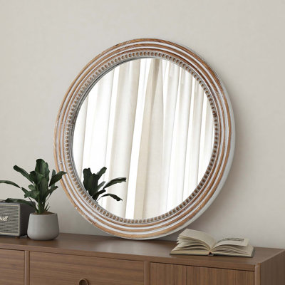 Miroir rond rustique mural, miroir circulaire en bois de 23,62 pouces avec perles, miroir décoratif de style campagnard pour le salon, la chambre à coucher, la cuisine, le vestibule (blanc)