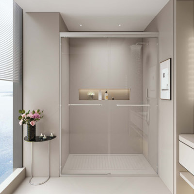 Double porte de douche coulissante, porte de salle de bain semi-sans cadre avec verre trempé de 1/4 po (6 mm) pour douche à l'italienne