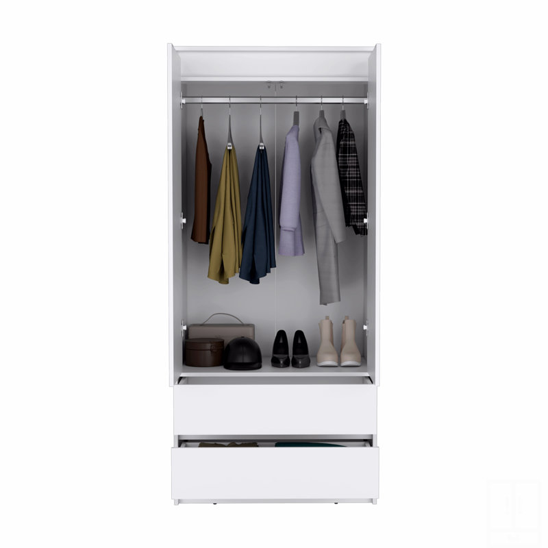 Armoire, penderie avec deux tiroirs, tringle, Blanc