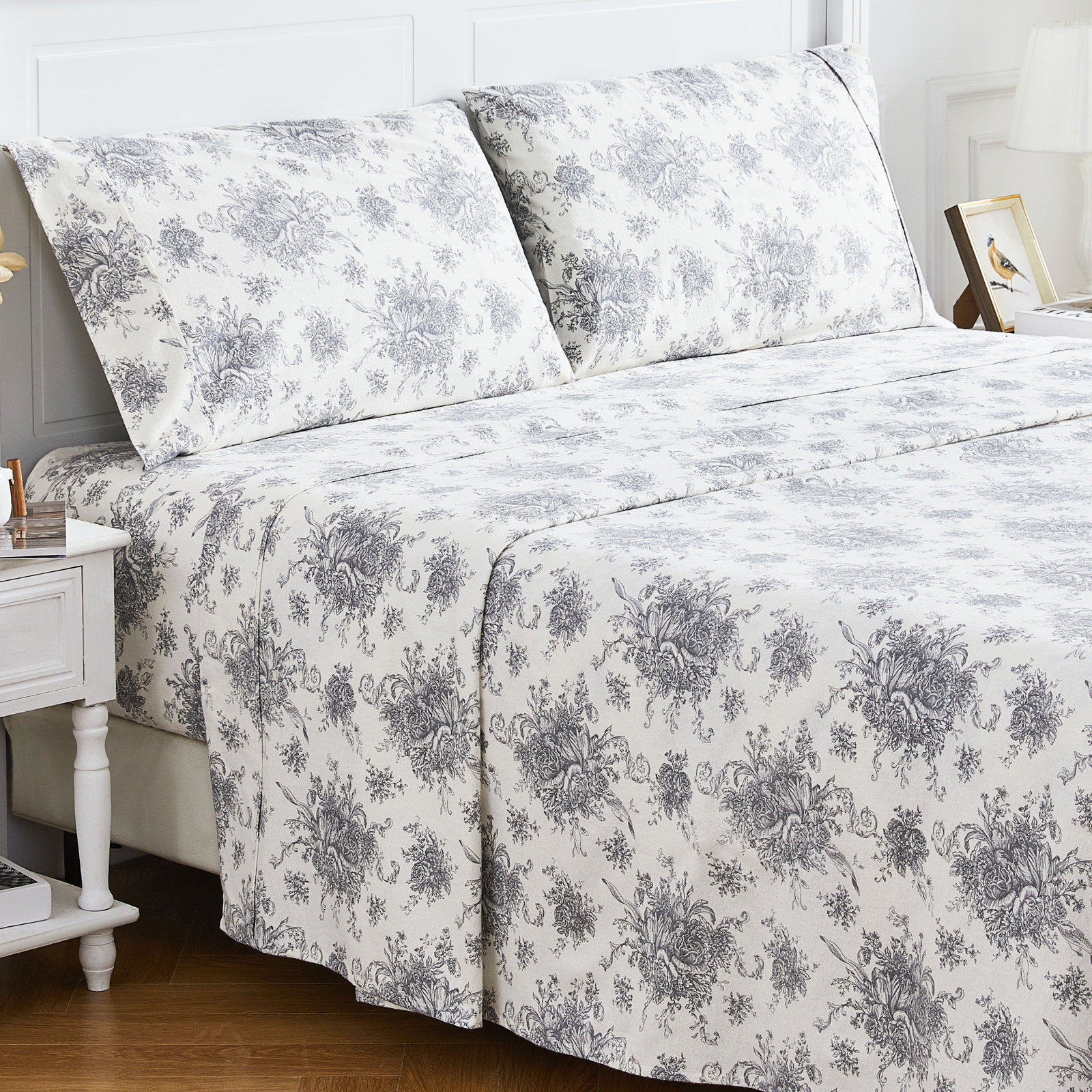 Cotton Flannel Sheet Set, Twin Sheet Set with 1 Pillowcase, Gray