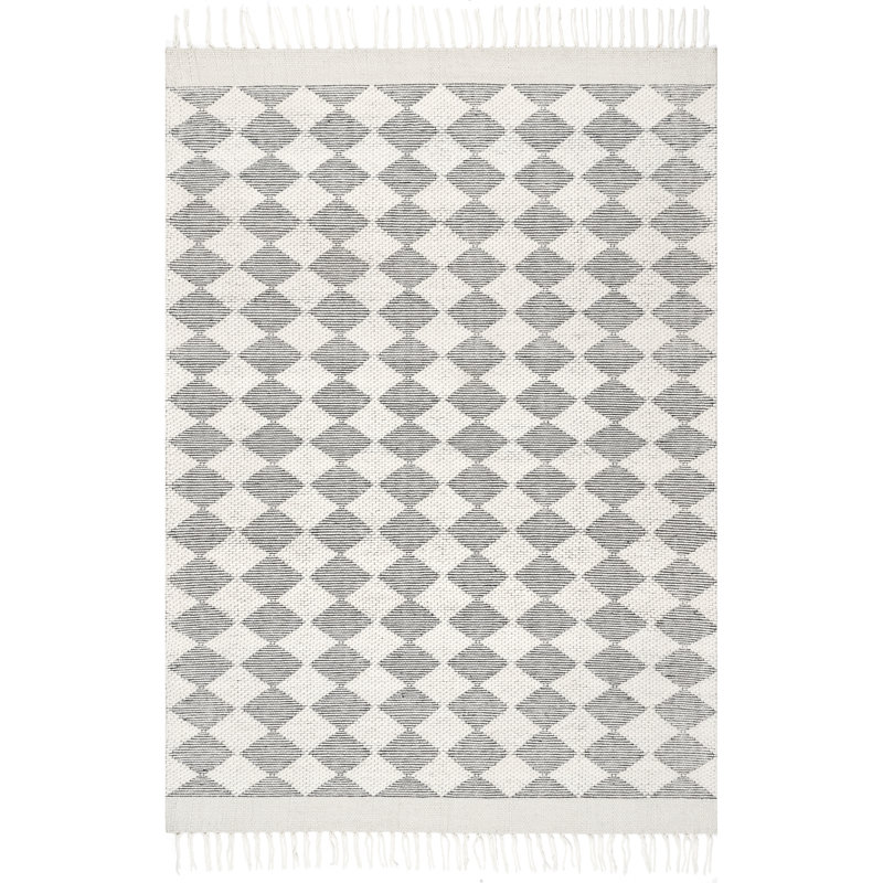 Gray and White Diamond Pattern Wool Blend 9' x 12' Area Rug