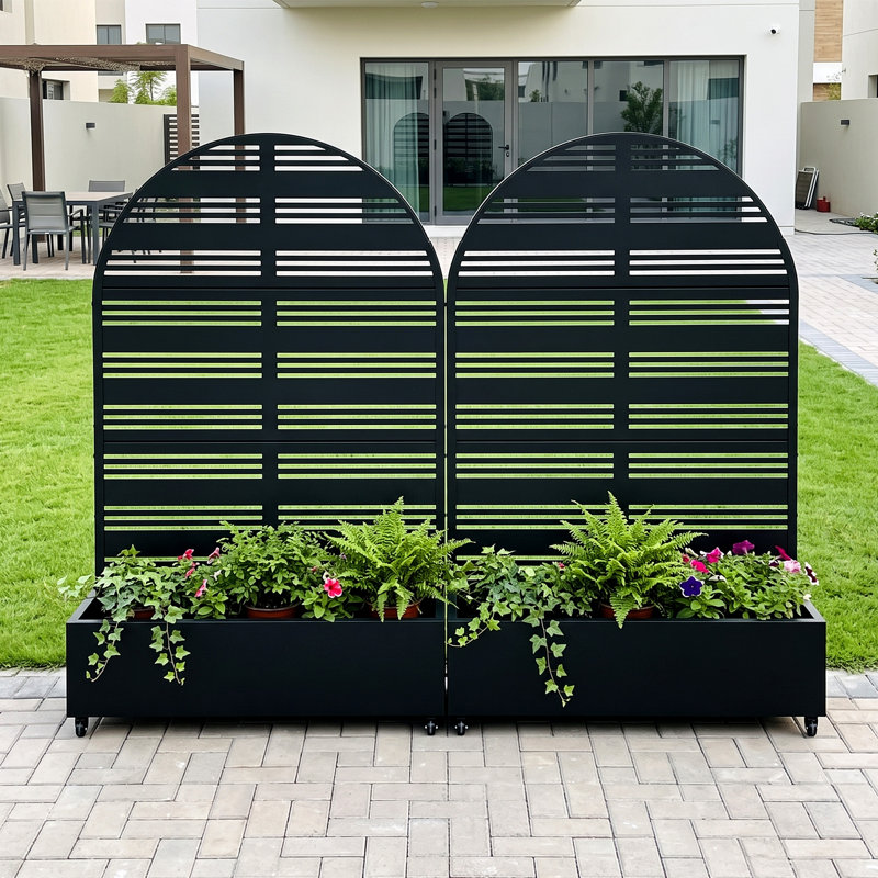 Arch Metal Planter Box with Trellis with Wheels, 72" H x 47" W x 16" D, 2