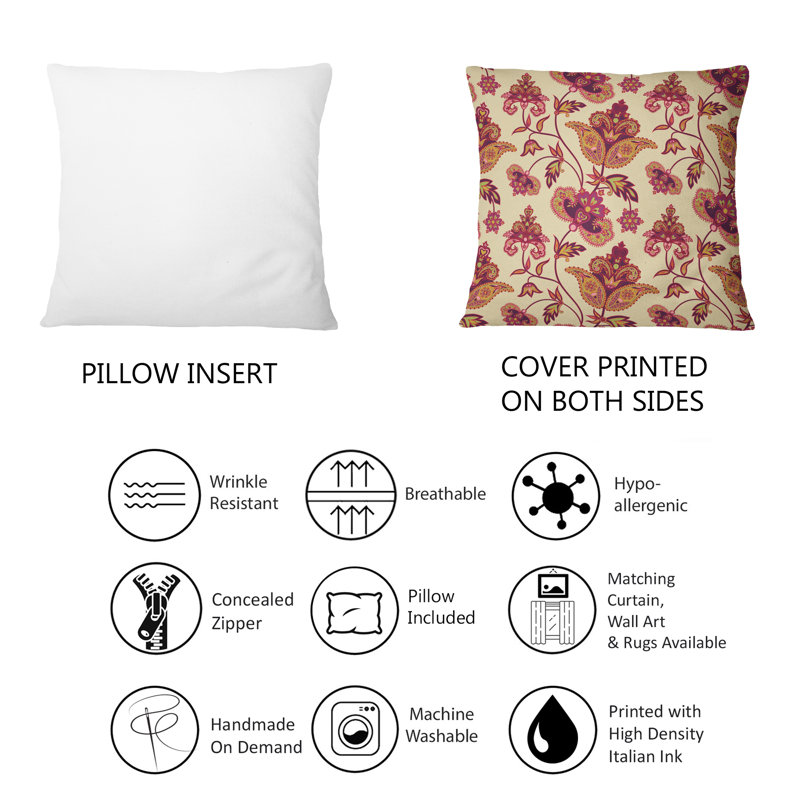 Coussin décoratif rouge à motif de fleurs rouges rétro sur fond beige