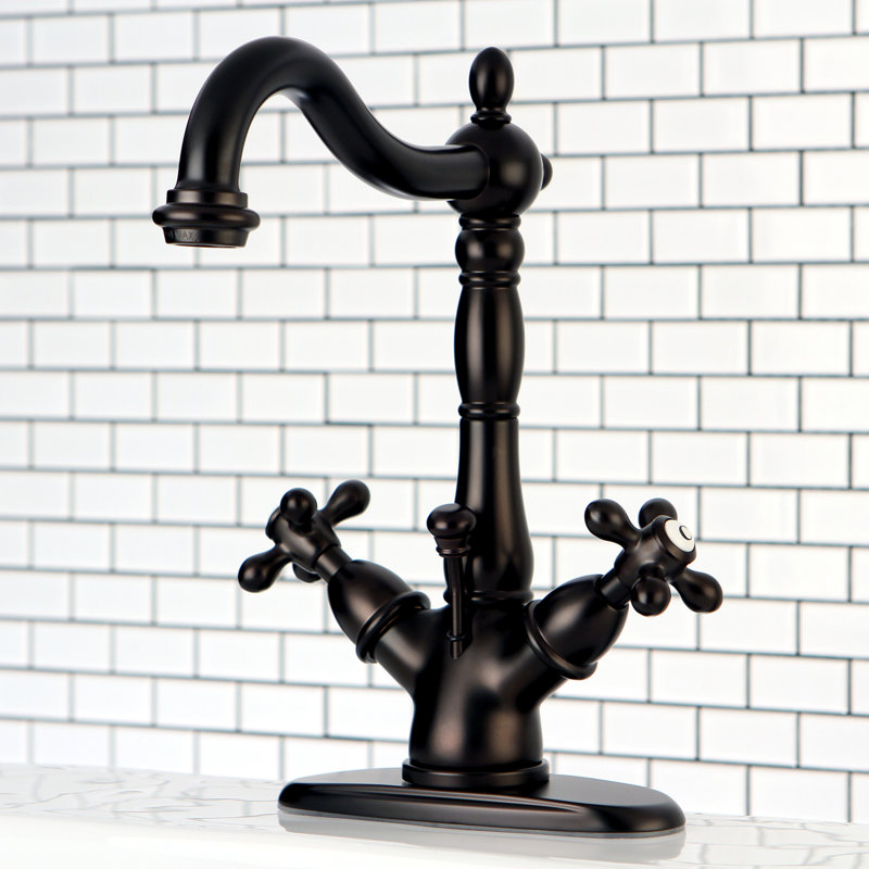 Kingston Brass Heritage Two-Handle 1-or-3 Hole Deck Mount Bathroom Faucet with Brass Pop-Up, Oil Rubbed Bronze