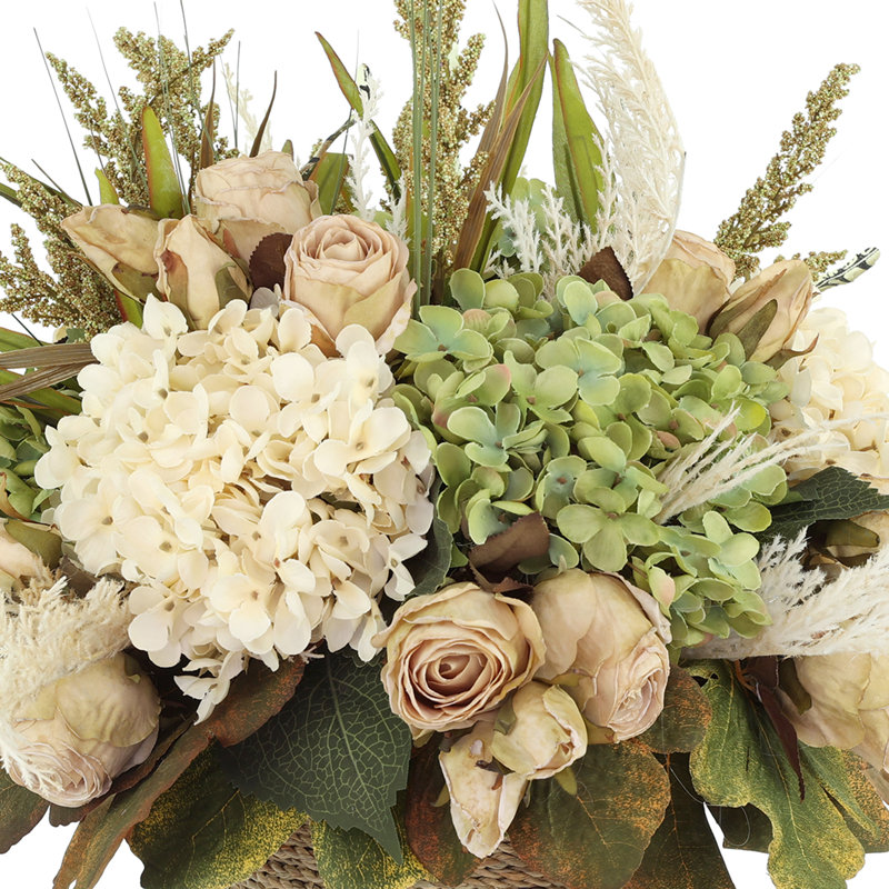Fall Arrangement with Hydrangeas and Roses in Rope Pot