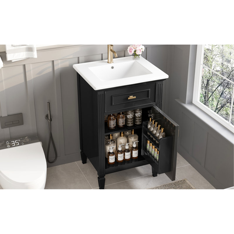 Meuble-lavabo noir de 50 cm avec lavabo, pieds en bois massif, tiroir inclinable, étagère réglable, alliage de zinc, charnières à fermeture douce, style moderne autoportant pour salles de bain compactes, fini doré, idéal pour les petits espaces.