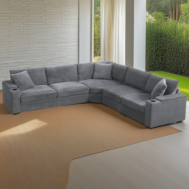 106" Convertible L Shaped Sectional Sofa,Corduroy Corner Couch With Armrest Storage,Cup Holders,USB Charger,Irregular Corner,Oversized Comfy Modular Sofa For Living Room,Apartment