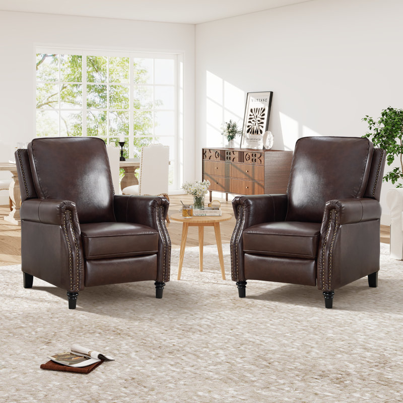 32.7'' Wide Classic and Comfort Top Genuine Leather Push Back Recliner with Nailhead Trim ( Set of 2), Espresso Brown