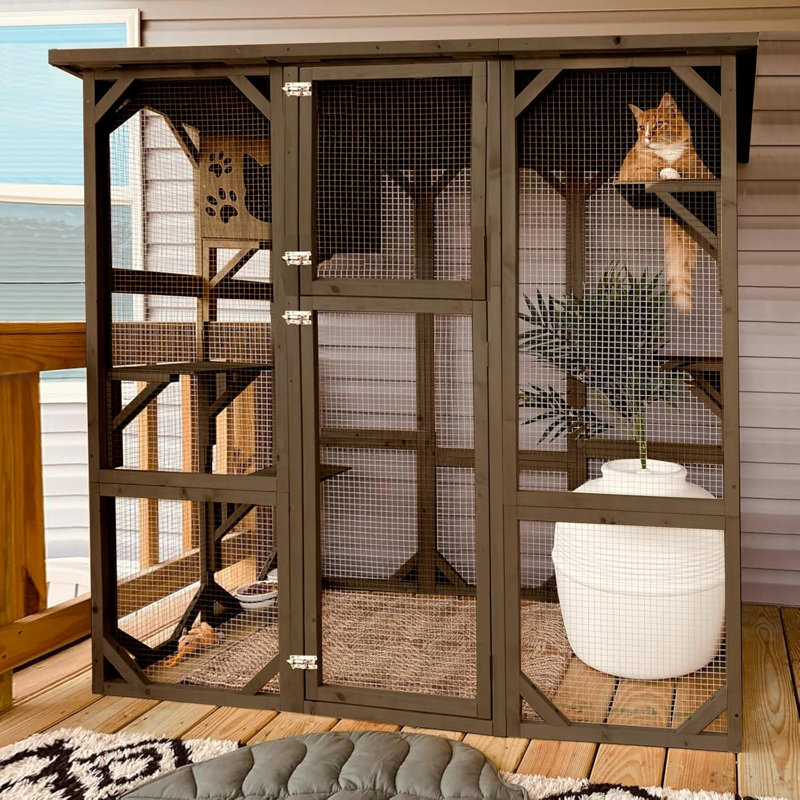 Grande maison de chat en bois pour l'extérieur avec enclos pour chat, cage de chat, Brun