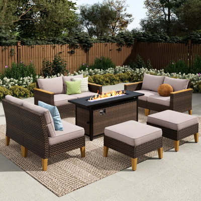 Ensemble de mobilier d'extérieur en osier 8 pièces, ensemble modulaire avec coussins et table de foyer Salem