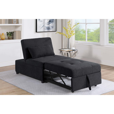 Fauteuil convertible en tissu noir, sans accoudoirs, dossier réglable en 3 positions, lit gigogne, petit coussin décoratif, siège ferme, style moderne, structure en métal pour salon, niveau