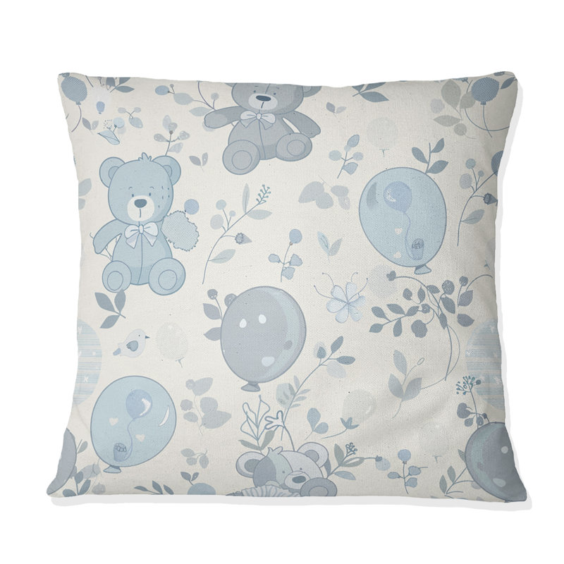 Papier peint à motif de nounours rétro bleu et beige I - Coussin décoratif rétro, H 18 po x l 18 po