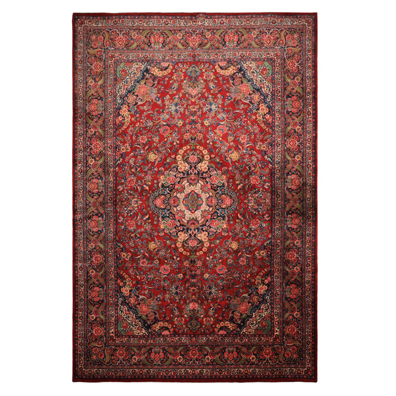 Tapis médaillon traditionnel en laine noué à la main rouge 10 pi 4 po x 15 pi 5 po Tabrija