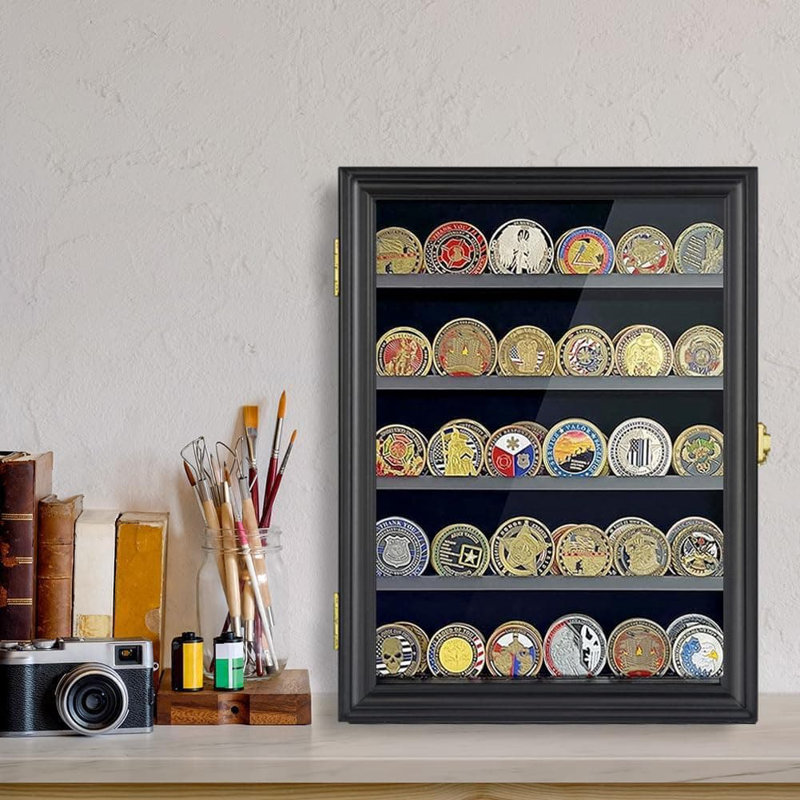 Lockable Display Case For Challenge Coins And Medals With Removable Shelves, Wall Mountable Shadow Box With UV Protection Glass And Velvet Lining