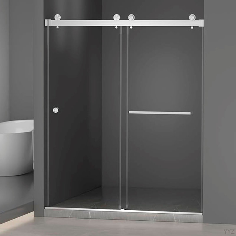 55-59"W X 72"H Frameless Double Sliding Shower Door, 304 Stainless Steel In Brushed Gold 5/16" (8Mm) Thick SGCC Tempered Clear Glass. Round Handle With NANO Easy Cleaning Coating.
