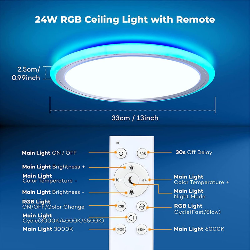 RGB Led Flush Mount Ceiling Light With Remote Control 13Inch 24W 2400LM 3000-6500K Dimmable Colour Changing Light Fixture Modern Round White Ceiling Lamp