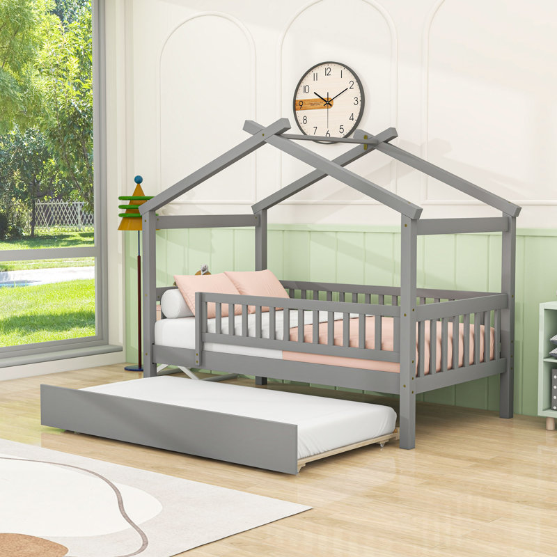 Twin Wooden House Bed With Twin Trundle And Guardrails, Gray