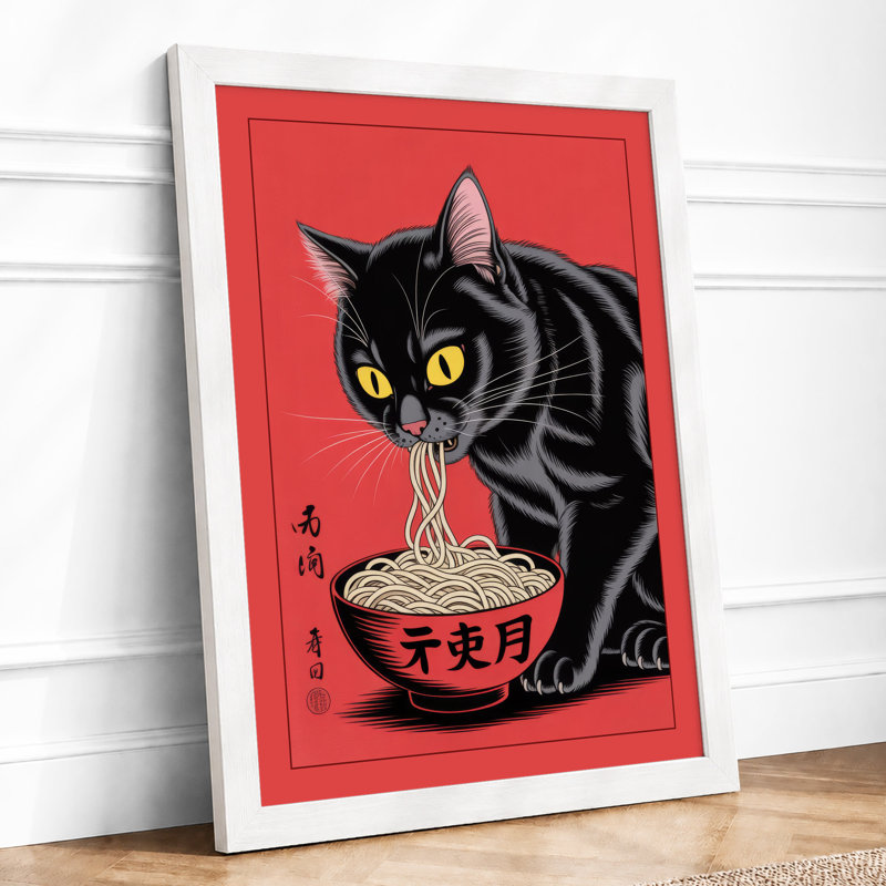 Lucky Cat With Noodles Japandi - Print, A3 - 42.0 x 29.7 cm, White