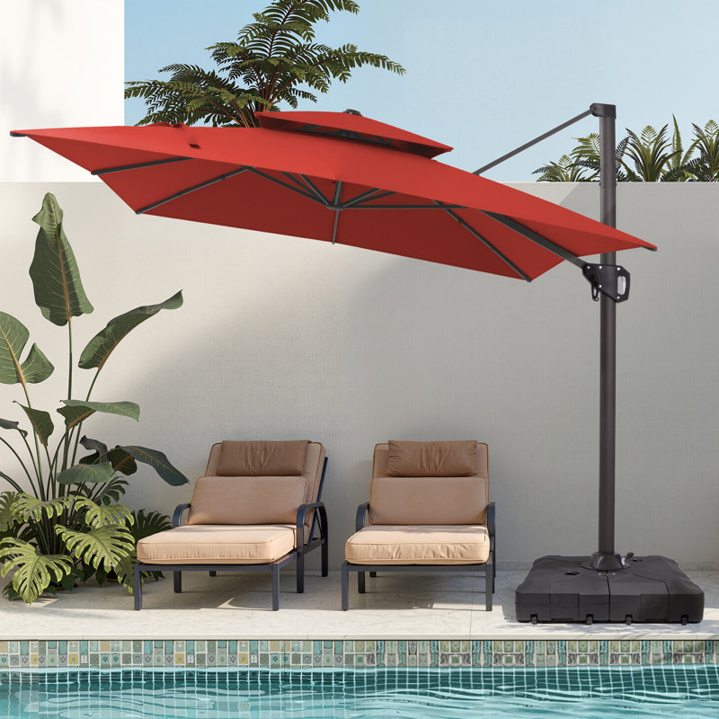 Parasol en porte-à-faux rectangulaire avec base lestée 128 po x 104 po, Rouge