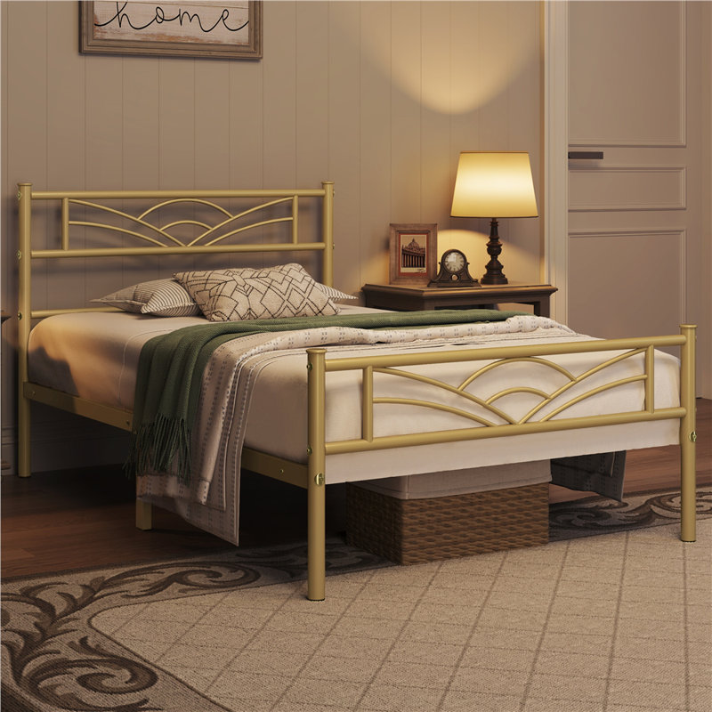88.5cm Height Metal Bed Frame with Cloud-inspired Design Headboard, Single (3'), Antique Gold