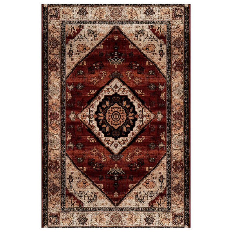 Minasas Collection Digital Print Cotton-Polyester Beige Brown Burgundy Moroccan Rug, Rectangle 5'3" x 8'3"