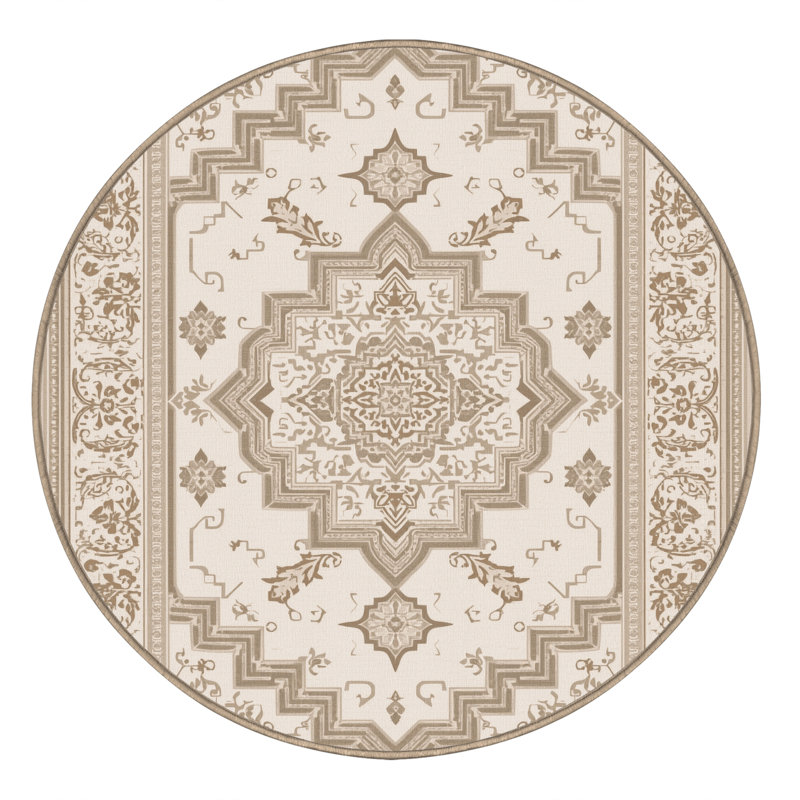 Machine Washable Pauleth Traditional Oriental Rug in Beige – Beige Binding, 3' Round
