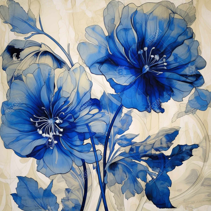 Fleurs bleues - Toile de cuisine abstraite, décoration sur toile