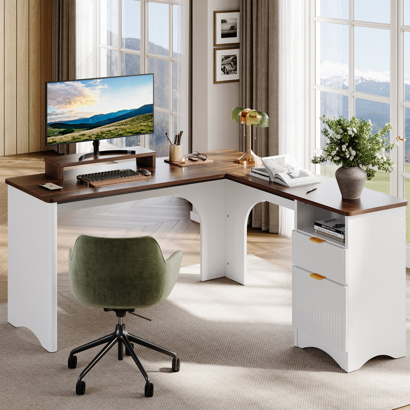Bureau d'ordinateur en L de 55,7 po avec tiroir-classeur et caisson de tiroir Derick, Noyer/blanc