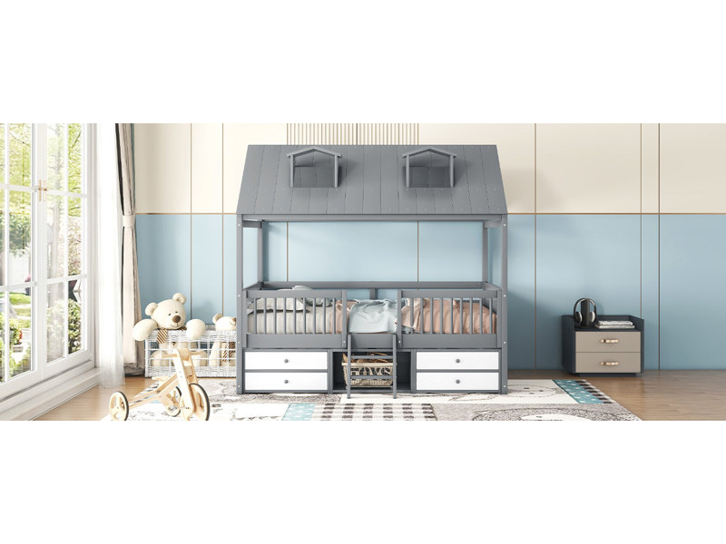 Structure de lit double en bois, blanc, gris, Double