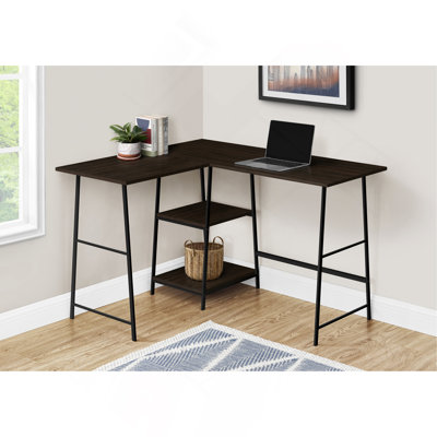 Computer Desk, Home Office, Corner, Storage Shelves, 48"l, L Shape, Work, Laptop, Brown Laminate, Black Metal, Contemporary, Modern