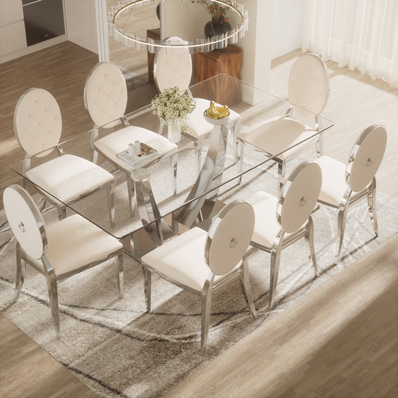 Ensemble de table de salle à manger rectangulaire en verre trempé avec fauteuil Luxtry, Beige, Argent argent, 9