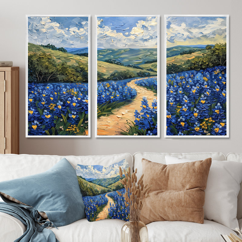 «Blue Green Meadow Charm Blue Bonnets V - Blue Bonnets», ensemble d'art mural, H 28 po x l 36 po, Cadre flottant blanc