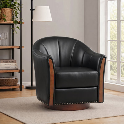 Fauteuil demi-tonneau pivotant rembourré en cuir végétalien de 28 po de largeur avec base en bois massif