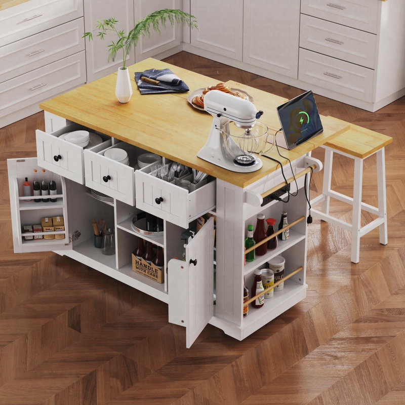 53inch Large Kitchen Island with Drop Leaf,Power Outlet,Door Internal Storage Rack,Rolling Kitchen Cart on 5 Wheels with 5 Open Side Racks for Kitchen,White
