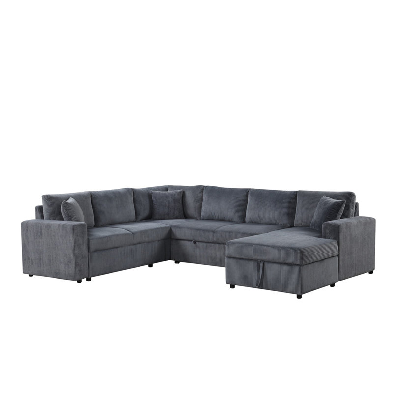 Rinaldo 123"W Gray Corduroy Sleeper Sectional Sofa With Right-Facing Storage Chaise And Throw Pillows, Gray