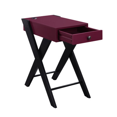 Stylish Accent Table With Charging Port, Deep Burgundy Tabletop, Black "x" Legs Look, 13.23 In. Width, 19.75 Lb, 24.67 Tall 22.63 Depth, Wide