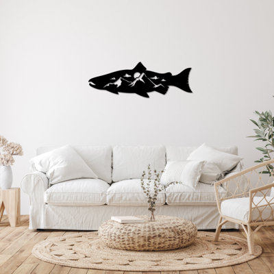Art mural alternatif en forme de poisson saumon - pêche murale rustique - sculpture de saumon River