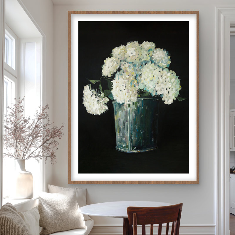 White Hydrangea Flowers - Botanical Black Framed Print Decor