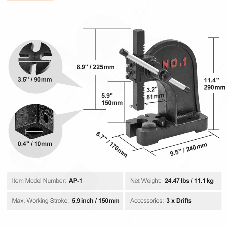 Arbor Press, Arbor Press manuel 1 Ton, hauteur maximale de 5,9 po, Arbor presse manuelle de bureau robuste en fonte, Presse manuelle de précision pour estampage, pliage, étirage, formage